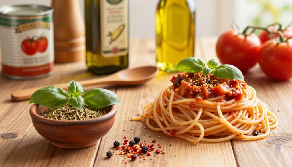 A beautiful assortment of spices and herbs perfect for enhancing spaghetti bolognese, arranged artfully on a wooden kitchen table. In the foreground, a rustic ceramic bowl holds fresh basil leaves, dried oregano, and crushed red pepper flakes, surrounded by mustard seeds and black peppercorns. The middle ground features a wooden spoon and a bottle of extra virgin olive oil, while the background boasts softly blurred, rustic kitchen elements, like a vintage tomato can and fresh tomatoes. The scene is warmly lit with golden hour sunlight streaming in, creating a cozy, inviting atmosphere that evokes the charm of an Italian trattoria. The composition should convey a sense of warmth and culinary artistry, inviting viewers to explore the depth of flavor these spices can bring.