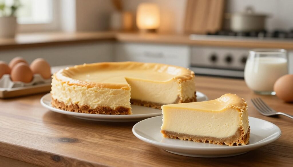 A beautifully arranged Vienna cheesecake on a polished wooden table, showcasing its smooth, creamy texture with a light golden top and a perfectly set crust. In the foreground, a slice of the cheesecake is elegantly displayed on a delicate porcelain plate, revealing its rich layers. In the middle, a softly blurred background features a cozy kitchen setting with warm, inviting lighting, highlighting baking tools and ingredients like eggs and cream. A gentle, warm glow emanates from the window, creating a homely atmosphere. The image captures the essence of baking techniques, emphasizing tranquility and culinary artistry. The angle is slightly elevated to accentuate the cheesecake, focusing on the dessert's appetizing details while keeping the scene professional and inviting. A beautifully arranged Vienna cheesecake on a polished wooden table, showcasing its smooth, creamy texture with a light golden top and a perfectly set crust. In the foreground, a slice of the cheesecake is elegantly displayed on a delicate porcelain plate, revealing its rich layers. In the middle, a softly blurred background features a cozy kitchen setting with warm, inviting lighting, highlighting baking tools and ingredients like eggs and cream. A gentle, warm glow emanates from the window, creating a homely atmosphere. The image captures the essence of baking techniques, emphasizing tranquility and culinary artistry. The angle is slightly elevated to accentuate the cheesecake, focusing on the dessert's appetizing details while keeping the scene professional and inviting.