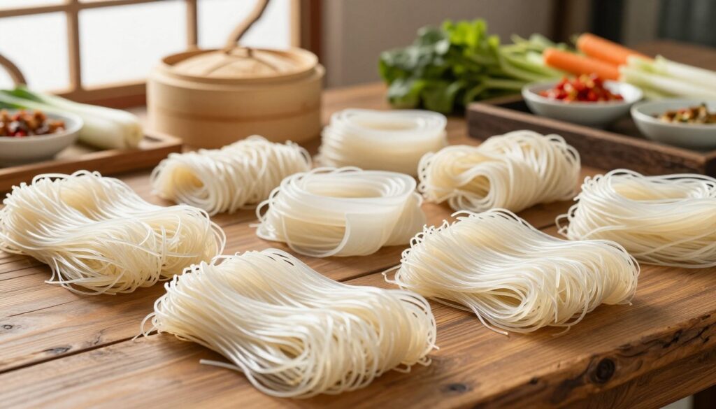 A beautifully arranged assortment of different types of rice noodles displayed on a rustic wooden table. In the foreground, a close-up shot of smooth, translucent rice vermicelli, showcasing its delicate texture, lightly glistening as if freshly cooked. The middle of the image features thicker rice noodles in various shapes, including flat and round, demonstrating the diversity in sizes. In the background, a traditional Asian-style kitchen setting with bamboo steamer baskets and a variety of colorful vegetables and sauces enhances the culinary atmosphere. Soft, natural light filters through a window, casting gentle shadows and creating a warm, inviting mood. The camera angle is slightly elevated, focusing on the noodles while providing context without overwhelming the viewer. A beautifully arranged assortment of different types of rice noodles displayed on a rustic wooden table. In the foreground, a close-up shot of smooth, translucent rice vermicelli, showcasing its delicate texture, lightly glistening as if freshly cooked. The middle of the image features thicker rice noodles in various shapes, including flat and round, demonstrating the diversity in sizes. In the background, a traditional Asian-style kitchen setting with bamboo steamer baskets and a variety of colorful vegetables and sauces enhances the culinary atmosphere. Soft, natural light filters through a window, casting gentle shadows and creating a warm, inviting mood. The camera angle is slightly elevated, focusing on the noodles while providing context without overwhelming the viewer.
