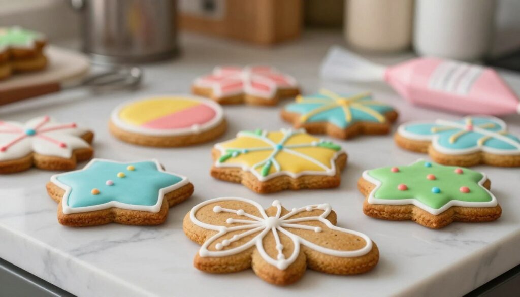 A beautifully arranged assortment of gingerbread cookies, artfully decorated with vibrant icing in intricate designs. In the foreground, a close-up of a partially iced gingerbread cookie shows a delicate outline in white royal icing, featuring a simple floral pattern. The middle ground includes various cookies showcasing different techniques—some filled with colorful icing, while others display elegant marbling and dot patterns. The background consists of a cozy kitchen scene with soft, warm lighting highlighting the textures and colors of the cookies. A marble countertop adds sophistication, while kitchen utensils and pastel-colored icing bags remain subtly blurred to emphasize the cookies. The overall mood is inviting and festive, perfect for a holiday baking theme.