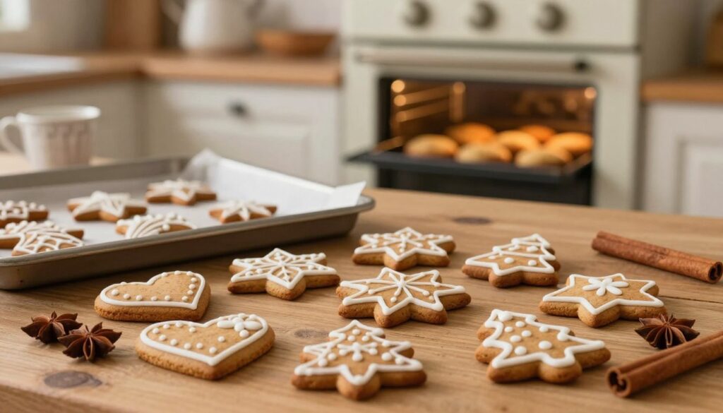 A beautifully arranged assortment of traditional Polish pierniczki (gingerbread cookies) in various shapes, such as hearts, stars, and trees, decorated with intricate patterns of white icing. In the foreground, the cookies are presented on a rustic wooden table, surrounded by fragrant spices like cinnamon and nutmeg. In the middle ground, a baking tray and measuring cups are visible, hinting at the process of baking. The background features a softly lit kitchen with warm tones, where a vintage oven is slightly ajar, revealing the golden-brown cookies. The lighting is warm and inviting, evoking a cozy atmosphere. A shallow depth of field focuses on the cookies while blurring the background, creating a nostalgic and homey feel. A beautifully arranged assortment of traditional Polish pierniczki (gingerbread cookies) in various shapes, such as hearts, stars, and trees, decorated with intricate patterns of white icing. In the foreground, the cookies are presented on a rustic wooden table, surrounded by fragrant spices like cinnamon and nutmeg. In the middle ground, a baking tray and measuring cups are visible, hinting at the process of baking. The background features a softly lit kitchen with warm tones, where a vintage oven is slightly ajar, revealing the golden-brown cookies. The lighting is warm and inviting, evoking a cozy atmosphere. A shallow depth of field focuses on the cookies while blurring the background, creating a nostalgic and homey feel.