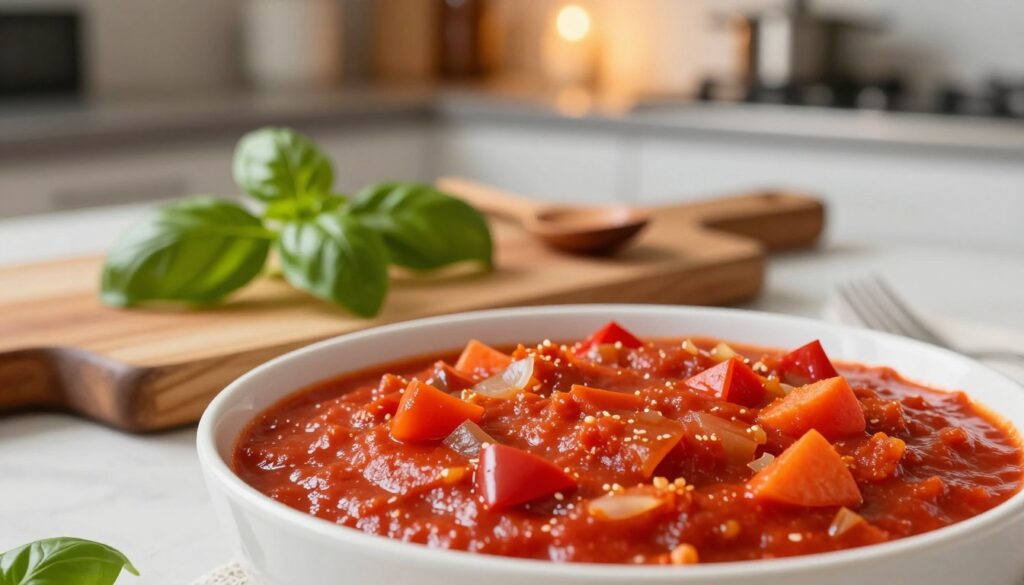 A beautifully arranged bowl of rich, thick tomato sauce sits prominently in the foreground, showcasing its deep red color and smooth, velvety texture. Chunks of vibrant vegetables such as diced bell peppers, carrots, and onions are visible, hinting at the freshness of ingredients blended into the sauce. In the middle ground, a rustic wooden cutting board features a handful of fresh basil leaves and a small wooden spoon, suggesting preparation for a hearty dish. The background is softly blurred, revealing a modern kitchen setting with warm, ambient lighting that enhances the inviting atmosphere. The scene captures the essence of culinary creativity, inviting viewers to imagine the tantalizing aroma and flavor of a homemade spaghetti sauce without flour – a vibrant depiction of healthy cooking.