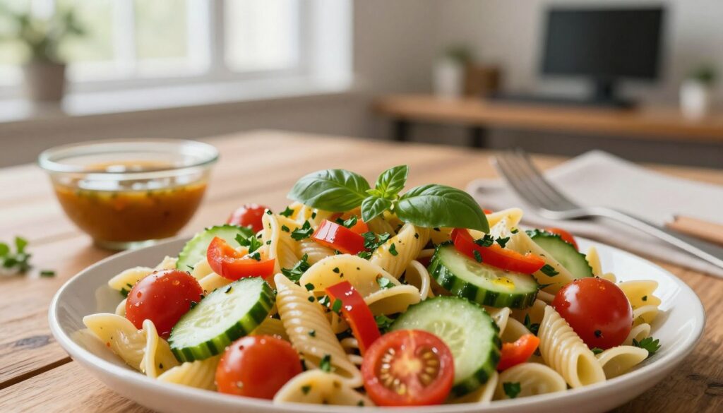 A beautifully arranged cold pasta salad featuring colorful vegetables and delicious dressing. In the foreground, show a generous serving of pasta, surrounded by ripe cherry tomatoes, crisp cucumbers, and finely chopped bell peppers, all glistening with a light vinaigrette. Include a sprinkle of fresh herbs like basil or parsley for added color. In the middle, display a rustic wooden table setting with a fork and a bowl holding extra dressing. In the background, softly blurred, include a warm office setting with natural light filtering through a window, suggesting a work lunch atmosphere. The mood should feel fresh, inviting, and appetizing, perfect for a healthy meal option that transforms leftover pasta into a delightful dish.