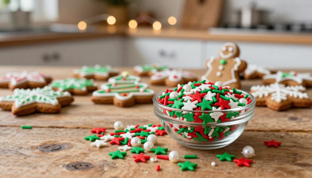 A beautifully arranged collection of colorful "święta posypka" (holiday sprinkles) on a rustic wooden surface, featuring an array of star, snowflake, and pearl shapes in vibrant red, green, and white. In the foreground, a delicate glass bowl overflowing with these festive decorations catches the light, while additional sprinkles are scattered artistically around it. The middle ground showcases freshly baked gingerbread cookies, elegantly decorated with icing, creating a tempting invitation for holiday baking. The background softly fades into a cozy kitchen setting, adorned with warm string lights and subtle holiday decorations, enhancing the festive atmosphere. The image has a warm, inviting glow, with a focus on texture and detail to evoke the joy of holiday preparations. Natural lighting emphasizes the colors and shapes, creating a harmonious and cheerful mood.
