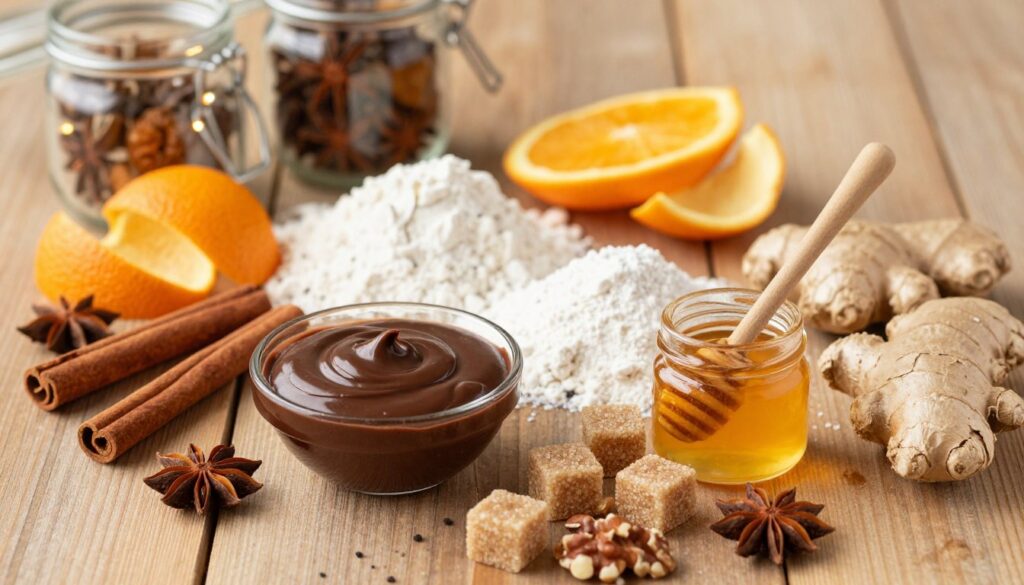 A beautifully arranged collection of ingredients for a gingerbread recipe, featuring whole spices like cinnamon sticks, star anise, and ginger root. In the foreground, display a small bowl of rich, dark chocolate ganache and a handful of chopped nuts. Include golden-brown sugar cubes and a small jar of honey, elegantly placed beside. In the middle ground, showcase various flours and vivid raw ingredients like candied orange peels. In the background, softly lit spices in jars and a warm wooden table create a cozy atmosphere. Use natural, warm lighting to enhance the inviting mood, with a slight overhead angle to capture all the elements harmoniously, evoking a festive kitchen ambiance perfect for baking. A beautifully arranged collection of ingredients for a gingerbread recipe, featuring whole spices like cinnamon sticks, star anise, and ginger root. In the foreground, display a small bowl of rich, dark chocolate ganache and a handful of chopped nuts. Include golden-brown sugar cubes and a small jar of honey, elegantly placed beside. In the middle ground, showcase various flours and vivid raw ingredients like candied orange peels. In the background, softly lit spices in jars and a warm wooden table create a cozy atmosphere. Use natural, warm lighting to enhance the inviting mood, with a slight overhead angle to capture all the elements harmoniously, evoking a festive kitchen ambiance perfect for baking.