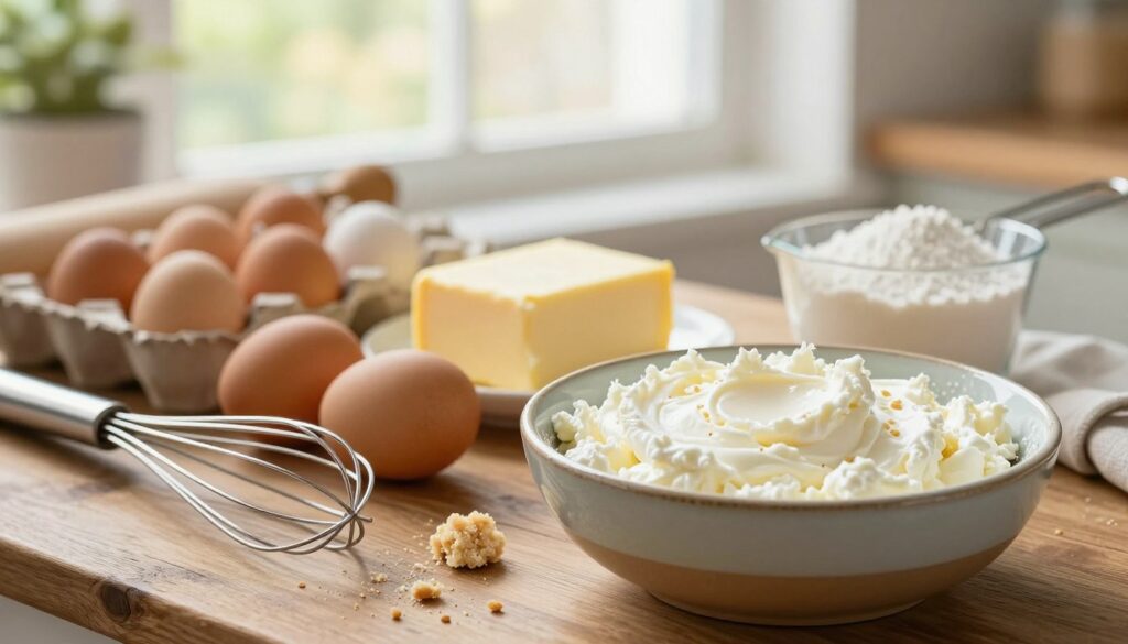 A beautifully arranged collection of ingredients for making a fluffy cheesecake, displayed on a rustic wooden kitchen table. In the foreground, a round ceramic bowl filled with creamy ricotta cheese, with scattered crumbs and a whisk nearby, exuding a sense of preparation. In the middle, an assortment of fresh eggs, granulated sugar, and a block of butter soften to room temperature, along with a measuring cup filled with flour. In the background, soft-focus kitchen elements like baking tools and a light, airy window letting in natural sunlight, creating a warm and inviting atmosphere. The overall scene conveys a sense of harmony and readiness for baking, with gentle, diffused lighting enhancing the colors and textures of each ingredient.