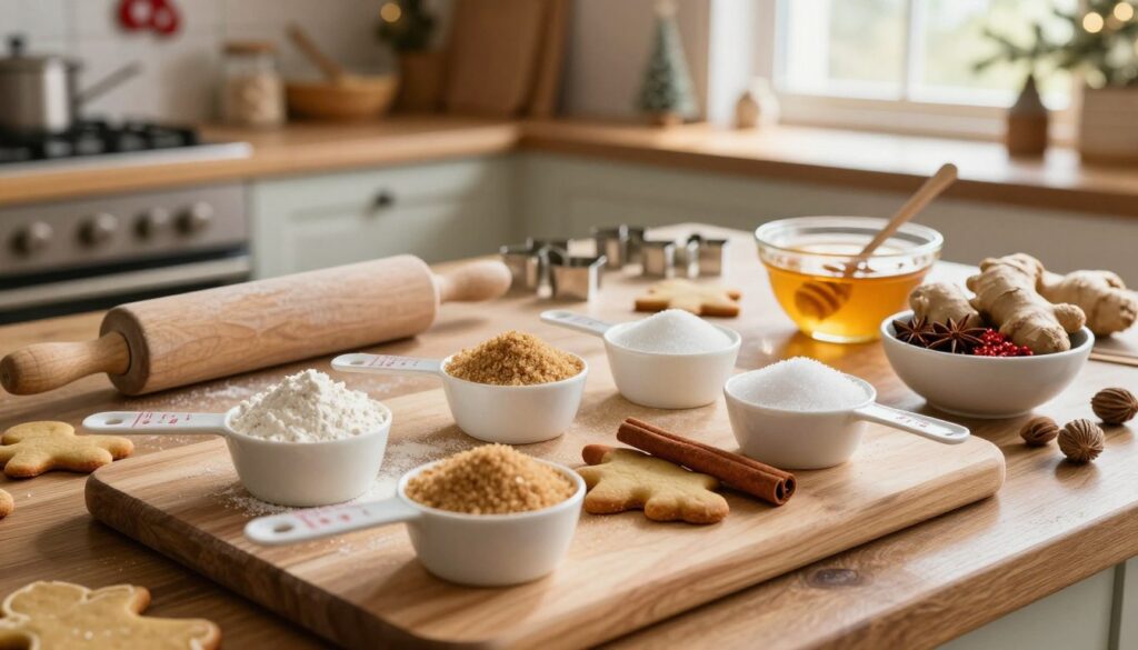 A beautifully arranged collection of ingredients for making gingerbread cookies. In the foreground, a wooden cutting board laden with measuring cups of flour, brown sugar, and white sugar, alongside a bowl of colorful spices like cinnamon, ginger, and nutmeg. The middle ground features a rustic kitchen table with a rolling pin, cookie cutters in various shapes, and a bowl of honey. In the background, warm sunlight streams through a window, illuminating a cozy kitchen filled with holiday decorations. The atmosphere is inviting and festive, capturing the essence of holiday baking. The image should be well-lit to highlight the textures and colors of the ingredients, with a shallow depth of field to focus on the foreground elements. A beautifully arranged collection of ingredients for making gingerbread cookies. In the foreground, a wooden cutting board laden with measuring cups of flour, brown sugar, and white sugar, alongside a bowl of colorful spices like cinnamon, ginger, and nutmeg. The middle ground features a rustic kitchen table with a rolling pin, cookie cutters in various shapes, and a bowl of honey. In the background, warm sunlight streams through a window, illuminating a cozy kitchen filled with holiday decorations. The atmosphere is inviting and festive, capturing the essence of holiday baking. The image should be well-lit to highlight the textures and colors of the ingredients, with a shallow depth of field to focus on the foreground elements.
