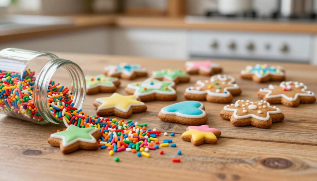 A beautifully arranged display of colored sprinkles (posypki) in various shapes and sizes, placed artistically on a rustic wooden table. In the foreground, focus on an array of vibrant sprinkles, including star, heart, and flower shapes, spilling gracefully from a glass jar. In the middle ground, showcase freshly decorated gingerbread cookies adorned with icing and sprinkled with the posypki for a festive touch. The background features a softly blurred kitchen setting, warmly lit to evoke a cozy, inviting atmosphere. Use natural light to highlight the textures of the cookies and sprinkles, with a shallow depth of field to draw attention to the details. The mood should be cheerful and festive, perfect for holiday baking.