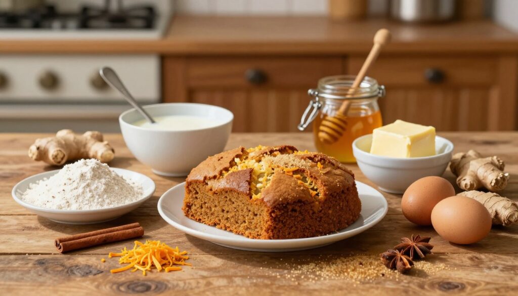 A beautifully arranged flat lay of ingredients for making a moist and fluffy gingerbread cake on buttermilk. The foreground features a rustic wooden table, showcasing key ingredients like flour, brown sugar, eggs, and spices such as cinnamon and ginger. In the middle ground, there are bowls filled with buttermilk and melted butter, alongside a jar of honey. Scattered throughout are fresh orange zest and nutmeg for added flavor. The background subtly displays a softly lit kitchen with vintage utensils and warm wooden cabinets, enhancing the homely atmosphere. The image conveys warmth and a cozy baking environment, lit with natural light to create inviting shadows and highlights. The overall ambience should feel warm and inviting, encouraging a sense of culinary creativity.