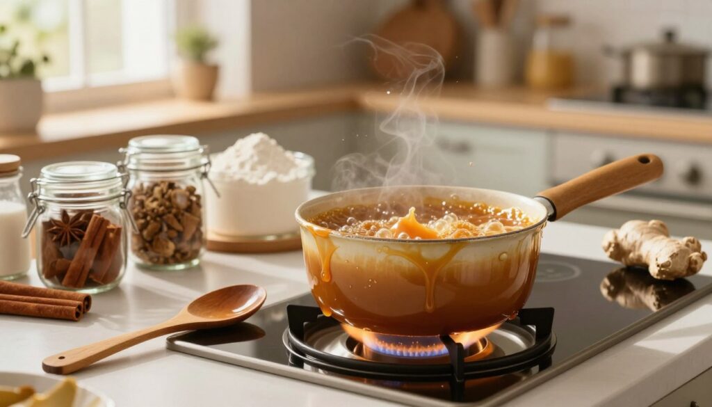 A beautifully arranged kitchen countertop featuring a pot of golden, thick caramel bubbling gently over a low flame. In the foreground, a wooden spoon rests beside the pot, glistening with caramel drips. In the middle ground, there are jars filled with spices like cinnamon and ginger, alongside flour, sugar, and other baking essentials. The background is softly blurred, depicting a warm, inviting kitchen space with soft natural light filtering through a nearby window, creating a cozy atmosphere. The scene conveys the delightful process of making caramel for gingerbread—warm, rich, and inviting, evoking the sweet aromas and textures that enhance festive baking.
