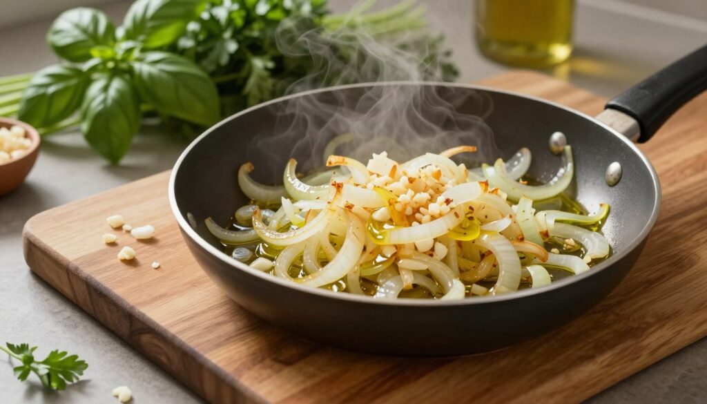 A beautifully arranged kitchen countertop featuring a wooden cutting board with finely chopped onions and minced garlic, glistening with olive oil in a frying pan. The onions should appear translucent and golden, with steam rising delicately, suggesting they are being sautéed. In the background, lush herbs like basil and parsley are visible, adding a touch of green. The lighting is warm and inviting, creating a cozy atmosphere, with soft shadows accentuating the textures in the wooden board and the shiny pan. The angle is slightly above the countertop, giving a chef's perspective on the preparation process, emphasizing the freshness and vibrancy of the ingredients while maintaining an air of culinary artistry.