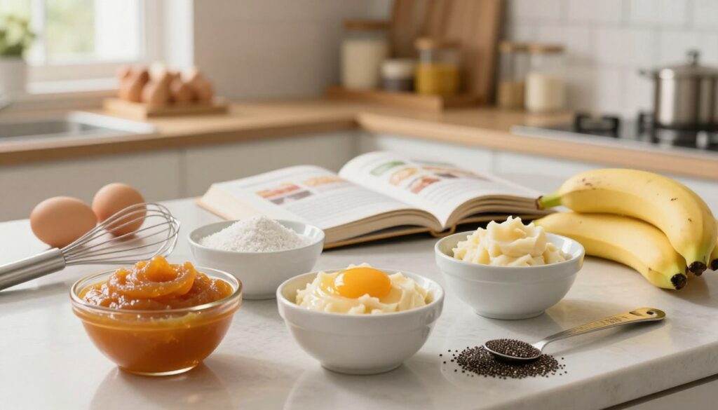 A beautifully arranged kitchen countertop showcases various egg substitutes for baking, emphasizing their diverse textures and colors. In the foreground, bowls of applesauce, mashed bananas, and chia seeds are artistically displayed, conveying their potential as egg replacements. In the middle, an open recipe book with a blurred page offers a hint of baking instructions, while a whisk and measuring spoons lay nearby, suggesting the act of baking. The background features warm, ambient lighting that creates a cozy atmosphere, with softly blurred kitchen shelves stocked with baking ingredients. A window allows natural light to filter in, enhancing the inviting mood of the scene. The overall composition is vibrant and inspiring, perfect for illustrating the topic of egg substitutes in baking. A beautifully arranged kitchen countertop showcases various egg substitutes for baking, emphasizing their diverse textures and colors. In the foreground, bowls of applesauce, mashed bananas, and chia seeds are artistically displayed, conveying their potential as egg replacements. In the middle, an open recipe book with a blurred page offers a hint of baking instructions, while a whisk and measuring spoons lay nearby, suggesting the act of baking. The background features warm, ambient lighting that creates a cozy atmosphere, with softly blurred kitchen shelves stocked with baking ingredients. A window allows natural light to filter in, enhancing the inviting mood of the scene. The overall composition is vibrant and inspiring, perfect for illustrating the topic of egg substitutes in baking.