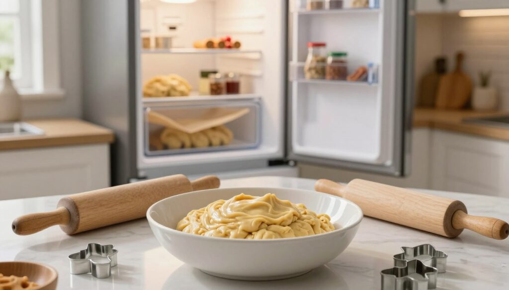 A beautifully arranged kitchen countertop showcasing the process of chilling gingerbread dough. In the foreground, a large, smooth bowl filled with soft, textured dough is placed next to a marble rolling pin and cookie cutters in festive shapes. The dough has a slight sheen, hinting at its freshness. In the middle, a refrigerator door is open, and a sleek, organized fridge interior is visible, emphasizing the "overnight chilling" aspect, with baking parchment and spices neatly arranged within. The background features warm, inviting kitchen décor illuminated by soft, natural light streaming through a window, creating a cozy and productive atmosphere. Use a shallow depth of field to softly blur the background while keeping the dough and utensils sharply focused, capturing the peaceful essence of holiday baking. A beautifully arranged kitchen countertop showcasing the process of chilling gingerbread dough. In the foreground, a large, smooth bowl filled with soft, textured dough is placed next to a marble rolling pin and cookie cutters in festive shapes. The dough has a slight sheen, hinting at its freshness. In the middle, a refrigerator door is open, and a sleek, organized fridge interior is visible, emphasizing the "overnight chilling" aspect, with baking parchment and spices neatly arranged within. The background features warm, inviting kitchen décor illuminated by soft, natural light streaming through a window, creating a cozy and productive atmosphere. Use a shallow depth of field to softly blur the background while keeping the dough and utensils sharply focused, capturing the peaceful essence of holiday baking.