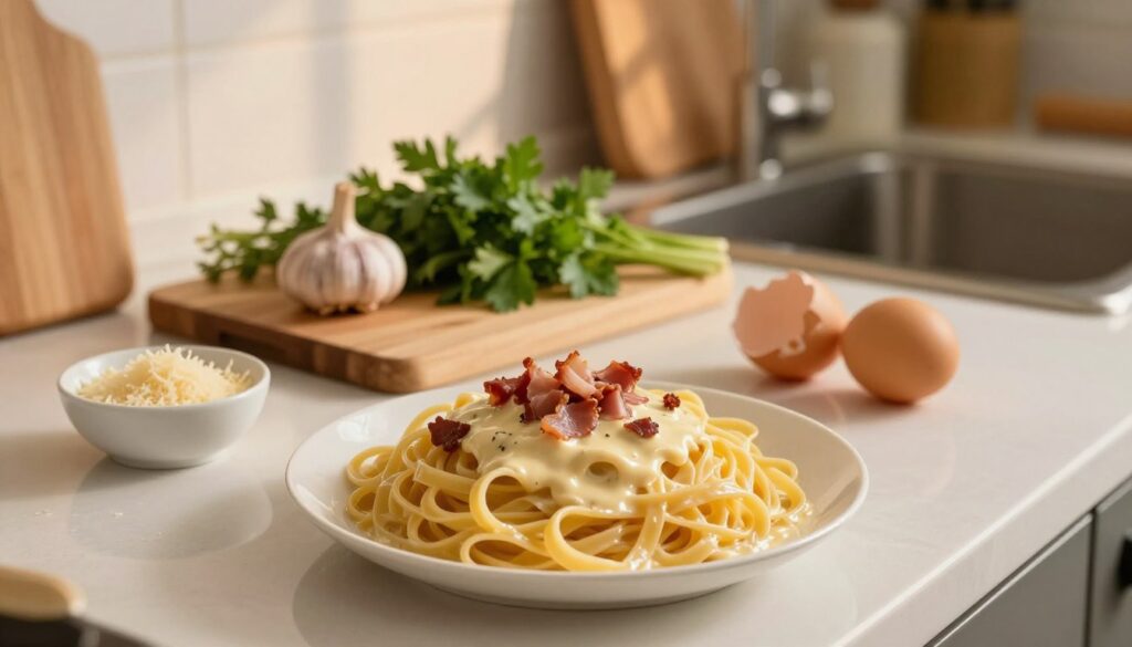 A beautifully arranged kitchen countertop with a failed carbonara dish in the foreground. The pasta is clumped together, with a thick, unappetizing sauce that lacks the creamy texture, showing bits of overcooked pancetta on top. A small bowl of grated cheese and a cracked egg lay nearby, illustrating common mistakes in preparation. In the middle, there is a wooden cutting board with fresh ingredients like garlic and parsley that haven’t been used. The background features a cozy kitchen setting with soft, warm lighting casting gentle shadows, emphasizing the home-cooking atmosphere. The overall mood should feel instructional, highlighting errors in cooking while still inviting viewers to learn and improve.