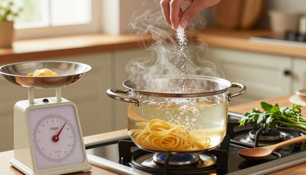 A beautifully arranged kitchen scene showcasing a pot of boiling water on a stove, with a precise amount of salt being measured beside it. In the foreground, a delicate set of kitchen scales displays 100 grams of pasta. The middle section highlights gently steaming water with visible bubbles, reflecting warm, soft light that creates an inviting atmosphere. Fresh herbs and a wooden spoon rest nearby, suggesting readiness for cooking. In the background, a rustic kitchen with light wooden cabinets and a window allowing natural light to filter in, enhancing the warm mood. The image captures the essence of the perfect salt-to-water ratio for cooking pasta, focusing on the culinary process with careful attention to detail and composition. A beautifully arranged kitchen scene showcasing a pot of boiling water on a stove, with a precise amount of salt being measured beside it. In the foreground, a delicate set of kitchen scales displays 100 grams of pasta. The middle section highlights gently steaming water with visible bubbles, reflecting warm, soft light that creates an inviting atmosphere. Fresh herbs and a wooden spoon rest nearby, suggesting readiness for cooking. In the background, a rustic kitchen with light wooden cabinets and a window allowing natural light to filter in, enhancing the warm mood. The image captures the essence of the perfect salt-to-water ratio for cooking pasta, focusing on the culinary process with careful attention to detail and composition.