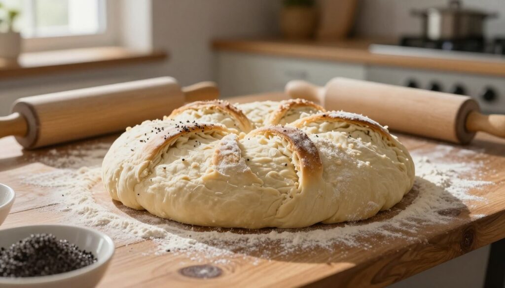 A beautifully arranged loaf of yeast dough, golden brown and fluffy, lying on a rustic wooden table. The surface is lightly dusted with flour, hinting at the baking process, while a rolling pin and unbaked poppy seed filling surround it, suggesting the preparation of a traditional makowiec. Soft, natural lighting streams in from a nearby window, creating warm highlights and subtle shadows that enhance the texture of the dough. The background features a cozy kitchen setting, with hints of baking tools and ingredients softly blurred to keep the focus on the dough. The overall atmosphere is inviting and homely, evoking the warmth of baking at home. A beautifully arranged loaf of yeast dough, golden brown and fluffy, lying on a rustic wooden table. The surface is lightly dusted with flour, hinting at the baking process, while a rolling pin and unbaked poppy seed filling surround it, suggesting the preparation of a traditional makowiec. Soft, natural lighting streams in from a nearby window, creating warm highlights and subtle shadows that enhance the texture of the dough. The background features a cozy kitchen setting, with hints of baking tools and ingredients softly blurred to keep the focus on the dough. The overall atmosphere is inviting and homely, evoking the warmth of baking at home.
