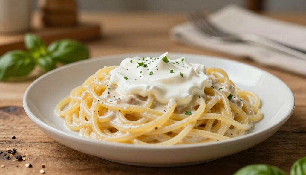 A beautifully arranged plate of creamy pasta topped with a luscious sauce made from 30% fat sour cream, showcasing a rich texture that suggests its perfect blend with the pasta. In the foreground, a serving of spaghetti is perfectly twirled with a light sheen from the sauce, glistening under soft, warm lighting. Fresh herbs like basil and a sprinkle of cracked black pepper are scattered around for color and freshness. In the middle ground, a rustic wooden table complements the dish, while a blurred background hints at an inviting kitchen with warm tones and soft focus, creating a homely atmosphere. The overall mood is cozy and appetizing, enticing the viewer to experience the creamy richness of the dish.