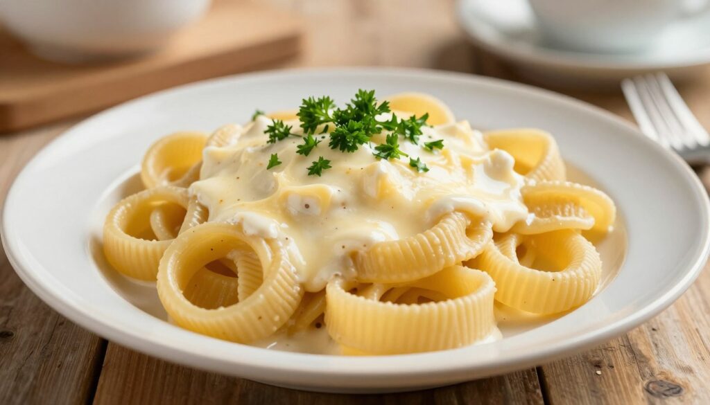 A beautifully arranged plate of fresh, golden makaron pasta, gently twirled into a nest shape, topped with a rich, creamy cheese sauce that glistens under soft, diffused lighting. In the foreground, focus on the texture of the pasta, showcasing its ridges and curves. The middle ground includes a sprinkle of finely chopped parsley for a pop of color, enhancing the dish's gourmet appeal. The background features a subtle hint of a rustic wooden kitchen table and delicate kitchenware, evoking a warm, inviting atmosphere. The composition is captured from a slightly elevated angle to emphasize the pasta's appetizing details while conveying a home-cooked, elegant ambiance, ideal for a culinary article. A beautifully arranged plate of fresh, golden makaron pasta, gently twirled into a nest shape, topped with a rich, creamy cheese sauce that glistens under soft, diffused lighting. In the foreground, focus on the texture of the pasta, showcasing its ridges and curves. The middle ground includes a sprinkle of finely chopped parsley for a pop of color, enhancing the dish's gourmet appeal. The background features a subtle hint of a rustic wooden kitchen table and delicate kitchenware, evoking a warm, inviting atmosphere. The composition is captured from a slightly elevated angle to emphasize the pasta's appetizing details while conveying a home-cooked, elegant ambiance, ideal for a culinary article.