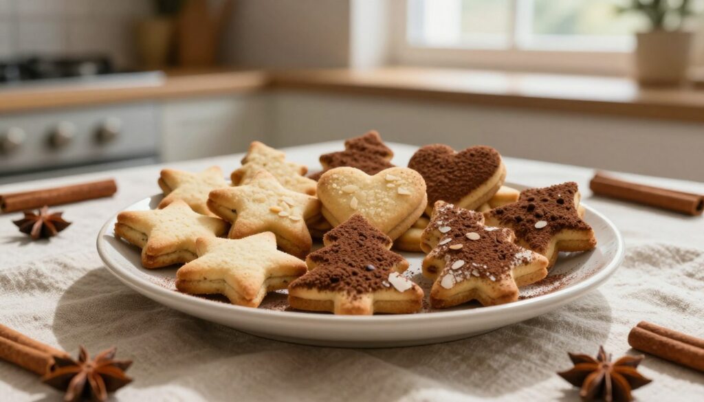 A beautifully arranged plate of keto pierniczki, showcasing an assortment of spice-infused cookies in various shapes like stars, hearts, and trees. The cookies have a dusting of cocoa powder or almond flour for a rustic touch. In the foreground, a soft linen tablecloth with a warm, inviting texture complements the cookies. The middle ground features a cozy kitchen setting with subtle hints of holiday decor, like a few cinnamon sticks and star anise scattered around. Natural light streams in from a window, casting gentle shadows and enhancing the warm, festive atmosphere. The focus is sharp on the cookies, with a slightly blurred background to create depth, evoking a sense of warmth and homeliness. A beautifully arranged plate of keto pierniczki, showcasing an assortment of spice-infused cookies in various shapes like stars, hearts, and trees. The cookies have a dusting of cocoa powder or almond flour for a rustic touch. In the foreground, a soft linen tablecloth with a warm, inviting texture complements the cookies. The middle ground features a cozy kitchen setting with subtle hints of holiday decor, like a few cinnamon sticks and star anise scattered around. Natural light streams in from a window, casting gentle shadows and enhancing the warm, festive atmosphere. The focus is sharp on the cookies, with a slightly blurred background to create depth, evoking a sense of warmth and homeliness.