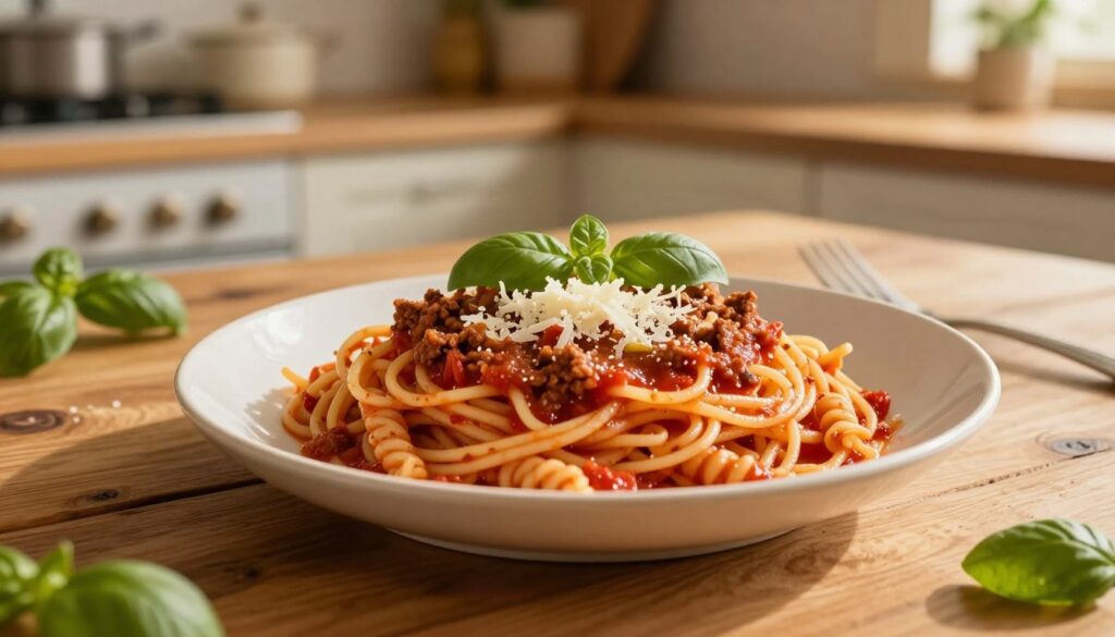 A beautifully arranged plate of spaghetti bolognese sits on a rustic wooden table, presented with perfectly twirled pasta topped with a rich, meaty tomato sauce, freshly grated Parmesan cheese, and a sprinkle of basil. The vibrant colors of the dish contrast with the warm, inviting tones of the table setting. In the background, a softly blurred kitchen scene with vintage cookware and herbs creates a cozy atmosphere. The lighting is warm and natural, simulating golden hour, casting gentle shadows that enhance the texture of the food. Capture the scene from a slightly elevated angle, highlighting the layers of the dish and the artistry of the sauce. The mood is inviting and homely, perfect for showcasing the heartiness of a classic bolognese.