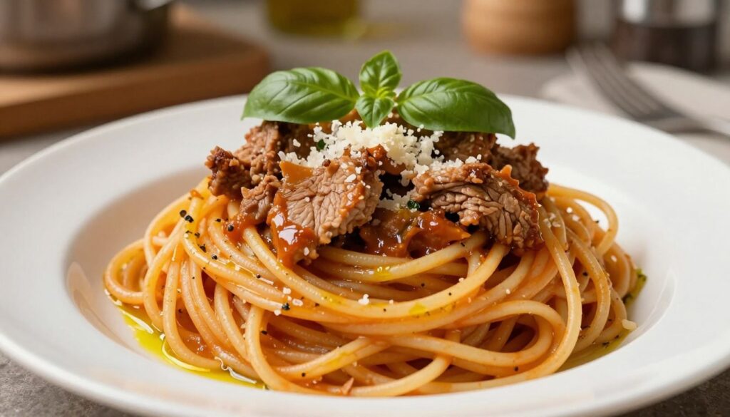 A beautifully arranged plate of spaghetti topped with tender, slow-cooked pork in a rich, aromatic sauce. The foreground features the vibrant colors of the spaghetti, glistening with olive oil, garnished with fresh basil and a sprinkle of grated parmesan. In the middle, the lovingly cooked pork, showing moisture and texture, is artistically placed, inviting the viewer to imagine the flavors. The background includes a softly blurred kitchen setting, with warm, ambient lighting creating a cozy atmosphere, reminiscent of a rustic Italian kitchen. The image is shot from a slightly elevated angle, emphasizing the dish's layers and depth, inviting warmth and comfort, perfect for a culinary article.
