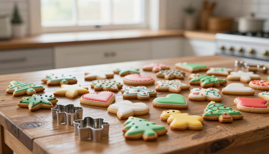 A beautifully arranged scene featuring a variety of colorful fondant shapes and decorated gingerbread cookies, elegantly displayed on a rustic wooden table. In the foreground, detailed fondant cutters in various shapes – stars, hearts, and Christmas-themed designs – are artfully scattered among the vibrant icing. The middle ground showcases meticulously decorated cookies adorned with intricate patterns made from the fondant, set against a soft focus background of warm, natural light coming through a kitchen window. The atmosphere is inviting and festive, with hints of a cozy baking space decorated with subtle touches of holiday charm. The lighting is soft and diffused, enhancing the colors of the icing and the textures of the cookies. A beautifully arranged scene featuring a variety of colorful fondant shapes and decorated gingerbread cookies, elegantly displayed on a rustic wooden table. In the foreground, detailed fondant cutters in various shapes – stars, hearts, and Christmas-themed designs – are artfully scattered among the vibrant icing. The middle ground showcases meticulously decorated cookies adorned with intricate patterns made from the fondant, set against a soft focus background of warm, natural light coming through a kitchen window. The atmosphere is inviting and festive, with hints of a cozy baking space decorated with subtle touches of holiday charm. The lighting is soft and diffused, enhancing the colors of the icing and the textures of the cookies.