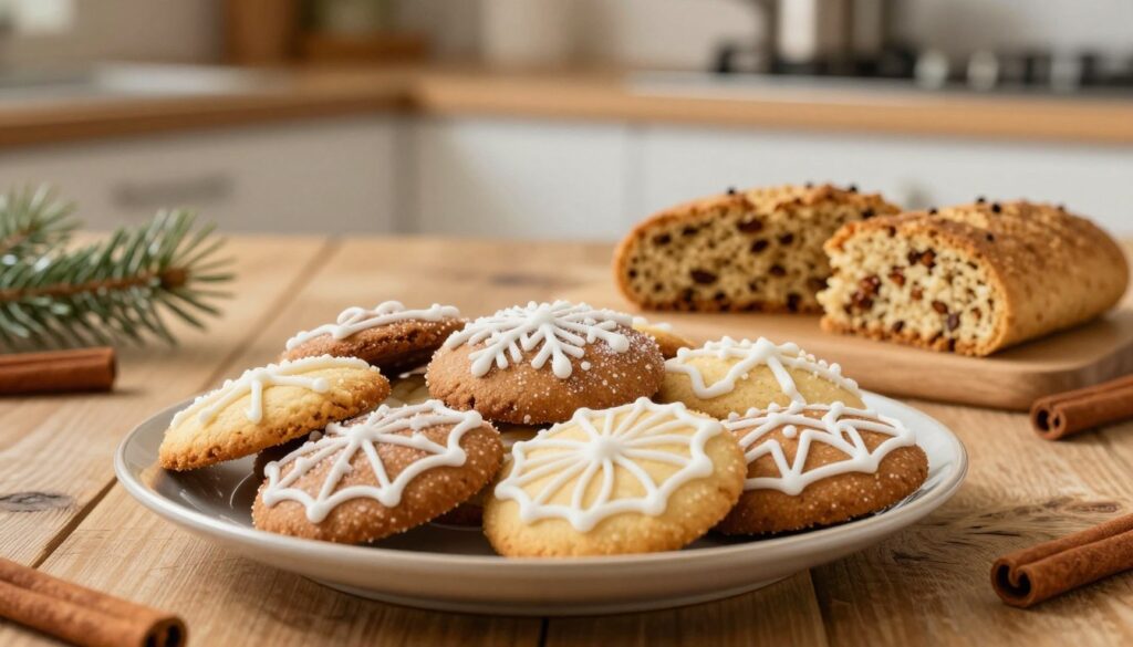 A beautifully arranged scene showcasing keto pierniczki, or spiced gingerbread cookies, on a rustic wooden table. In the foreground, a plate filled with an assortment of soft, chewy cookies and crunchy variations, all decorated with delicate sugar-free icing in intricate patterns. The middle ground features a few cut pieces of "bar" style keto pierniczki, showcasing their dense texture and rich spices. The background includes a cozy kitchen setting with soft, warm lighting, highlighting the inviting atmosphere. Gentle shadows add depth, with a hint of seasonal decorations, such as a small pine branch or cinnamon sticks. Capture the essence of a warm, festive spirit, emphasizing the delicious, healthy nature of the treats. A beautifully arranged scene showcasing keto pierniczki, or spiced gingerbread cookies, on a rustic wooden table. In the foreground, a plate filled with an assortment of soft, chewy cookies and crunchy variations, all decorated with delicate sugar-free icing in intricate patterns. The middle ground features a few cut pieces of "bar" style keto pierniczki, showcasing their dense texture and rich spices. The background includes a cozy kitchen setting with soft, warm lighting, highlighting the inviting atmosphere. Gentle shadows add depth, with a hint of seasonal decorations, such as a small pine branch or cinnamon sticks. Capture the essence of a warm, festive spirit, emphasizing the delicious, healthy nature of the treats.