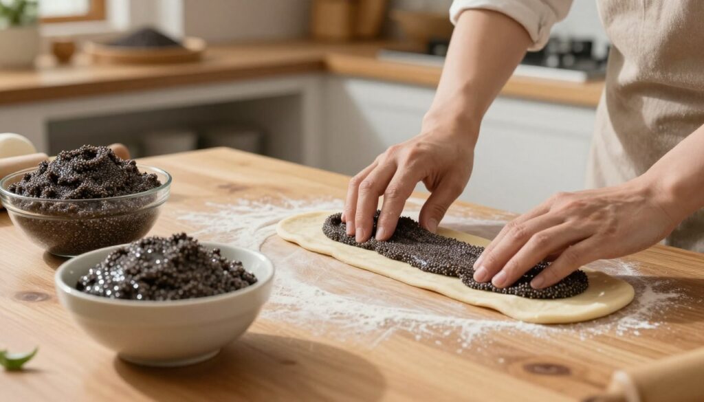A beautifully arranged scene showcasing the process of preparing a traditional poppy seed roll. In the foreground, a smooth wooden countertop is covered with a lightly floured surface where a perfectly rolled dough lies. Beside it, a bowl filled with rich, textured poppy seed filling sits invitingly, revealing the glossy sheen of the mixture. In the middle ground, hands expertly spread an appropriate layer of filling onto the dough, ensuring even coverage, while leaving ample free edges on either side. In the background, a softly lit kitchen is visible, with rustic shelves lined with baking tools and ingredients, creating a warm and inviting atmosphere. The lighting is warm and soft, emphasizing the colors and textures, shot from a slightly elevated angle for a detailed view of the filling process. A beautifully arranged scene showcasing the process of preparing a traditional poppy seed roll. In the foreground, a smooth wooden countertop is covered with a lightly floured surface where a perfectly rolled dough lies. Beside it, a bowl filled with rich, textured poppy seed filling sits invitingly, revealing the glossy sheen of the mixture. In the middle ground, hands expertly spread an appropriate layer of filling onto the dough, ensuring even coverage, while leaving ample free edges on either side. In the background, a softly lit kitchen is visible, with rustic shelves lined with baking tools and ingredients, creating a warm and inviting atmosphere. The lighting is warm and soft, emphasizing the colors and textures, shot from a slightly elevated angle for a detailed view of the filling process.