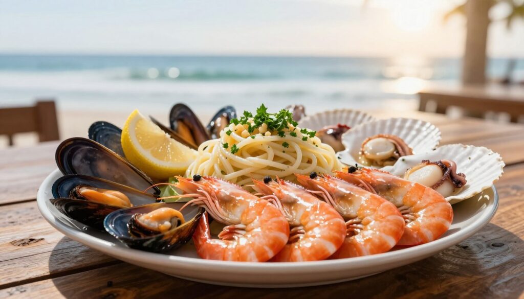 A beautifully arranged seafood platter featuring an assortment of fresh seafood including shrimp, mussels, scallops, and calamari, artfully displayed on a rustic wooden table. The foreground showcases shiny, vibrant seafood glistening with a hint of lemon and herbs. In the middle background, a delicate white pasta dish with a light sauce, sprinkled with parsley and garlic, complements the seafood. Soft, natural lighting filters in from the side, creating a warm and inviting atmosphere. The setting includes a blurred coastal view with gentle waves and a sunny sky, suggesting a fresh and airy mood. The perspective is slightly elevated, capturing the enticing details of the dish, evoking an appetite and appreciation for gourmet seafood cuisine. A beautifully arranged seafood platter featuring an assortment of fresh seafood including shrimp, mussels, scallops, and calamari, artfully displayed on a rustic wooden table. The foreground showcases shiny, vibrant seafood glistening with a hint of lemon and herbs. In the middle background, a delicate white pasta dish with a light sauce, sprinkled with parsley and garlic, complements the seafood. Soft, natural lighting filters in from the side, creating a warm and inviting atmosphere. The setting includes a blurred coastal view with gentle waves and a sunny sky, suggesting a fresh and airy mood. The perspective is slightly elevated, capturing the enticing details of the dish, evoking an appetite and appreciation for gourmet seafood cuisine.