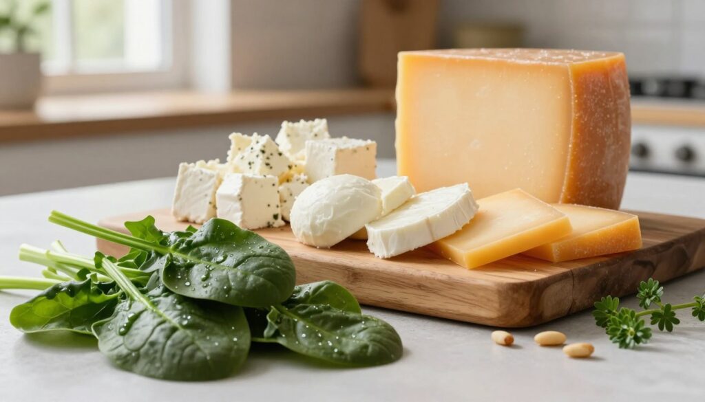 A beautifully arranged selection of fresh spinach and cheese, showcasing their vibrant colors and textures. In the foreground, a bunch of vivid green spinach leaves, glistening with moisture, contrasts against creamy white and golden yellow cheese varieties. In the middle, a rustic wooden cutting board holds crumbled feta, sliced mozzarella, and a block of aged cheddar, invitingly presented. The background features a soft-focus kitchen setting with natural light streaming in from a window, creating an inviting and warm atmosphere. The image captures the essence of wholesome cooking, with gentle shadows adding depth. A few scattered pine nuts and fresh herbs enhance the scene, emphasizing the ingredients' natural appeal. A beautifully arranged selection of fresh spinach and cheese, showcasing their vibrant colors and textures. In the foreground, a bunch of vivid green spinach leaves, glistening with moisture, contrasts against creamy white and golden yellow cheese varieties. In the middle, a rustic wooden cutting board holds crumbled feta, sliced mozzarella, and a block of aged cheddar, invitingly presented. The background features a soft-focus kitchen setting with natural light streaming in from a window, creating an inviting and warm atmosphere. The image captures the essence of wholesome cooking, with gentle shadows adding depth. A few scattered pine nuts and fresh herbs enhance the scene, emphasizing the ingredients' natural appeal.