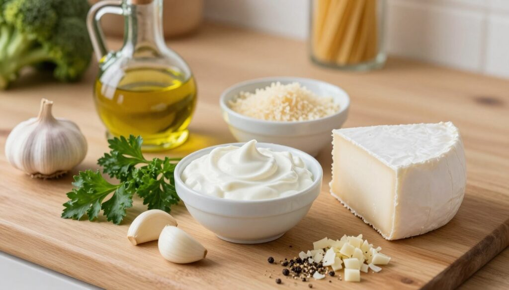 A beautifully arranged selection of ingredients for a creamy cheese and sour cream sauce, positioned on a rustic wooden kitchen countertop. In the foreground, fresh ingredients include a block of white cheese, a small bowl of sour cream, finely chopped garlic cloves, sprigs of parsley, and a sprinkle of black pepper. In the middle ground, a glass bottle of olive oil and a small bowl of grated Parmesan cheese add depth. The background features soft, natural kitchen lighting that enhances the creamy textures, with blurred hints of a broccoli head and uncooked pasta, evoking a warm and inviting atmosphere. The scene is captured from a slightly elevated angle, creating a cozy and homely feel.