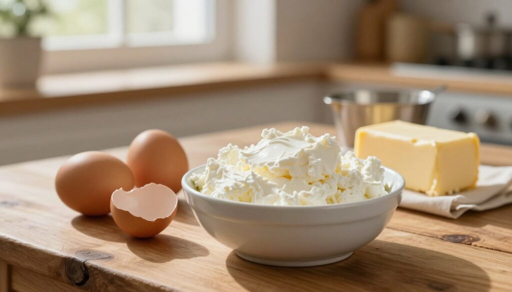 A beautifully arranged selection of ingredients for making a fluffy Viennese cheesecake (sernik wiedeński). In the foreground, a rustic wooden table displays fresh, creamy white twaróg (quark cheese) in a bowl, with a few eggs beside it, their shells glistening with a gentle sheen. A stick of rich, golden butter lies near a measuring cup, showcasing the perfect proportions needed. In the middle, a soft-focus background hints at a cozy kitchen setting, with warm, diffused sunlight streaming through a window, casting gentle shadows. The overall atmosphere is inviting and homely, evoking the art of homemade baking. The use of a shallow depth of field highlights the ingredients, creating an appealing and appetizing composition.