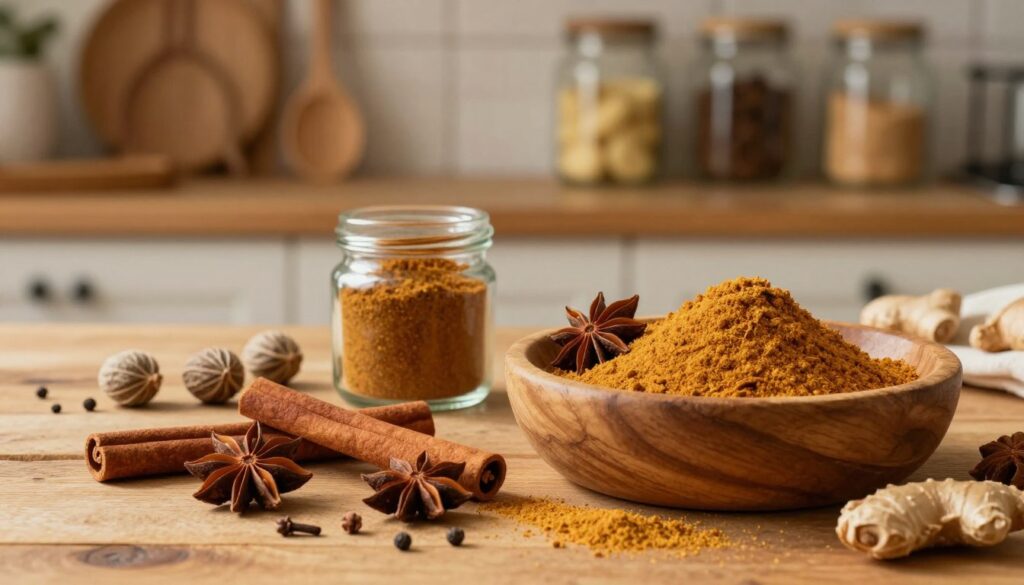 A beautifully arranged selection of spices for gingerbread prominently displayed in a wooden bowl on a rustic kitchen table. In the foreground, focus on vibrant spices like cinnamon sticks, star anise, and ground ginger, with a sprinkle of powdered nutmeg and cloves adding texture. In the middle, a few scattered whole peppercorns and a small jar filled with homemade gingerbread spice mix sit artistically. In the background, softly blurred warm wooden shelves filled with baking tools and jars of ingredients create an inviting atmosphere. The warm, golden lighting emphasizes the spices' rich colors, evoking a cozy, festive mood perfect for holiday preparation. Capture this scene from a slightly elevated angle to enhance the visual depth and texture. A beautifully arranged selection of spices for gingerbread prominently displayed in a wooden bowl on a rustic kitchen table. In the foreground, focus on vibrant spices like cinnamon sticks, star anise, and ground ginger, with a sprinkle of powdered nutmeg and cloves adding texture. In the middle, a few scattered whole peppercorns and a small jar filled with homemade gingerbread spice mix sit artistically. In the background, softly blurred warm wooden shelves filled with baking tools and jars of ingredients create an inviting atmosphere. The warm, golden lighting emphasizes the spices' rich colors, evoking a cozy, festive mood perfect for holiday preparation. Capture this scene from a slightly elevated angle to enhance the visual depth and texture.