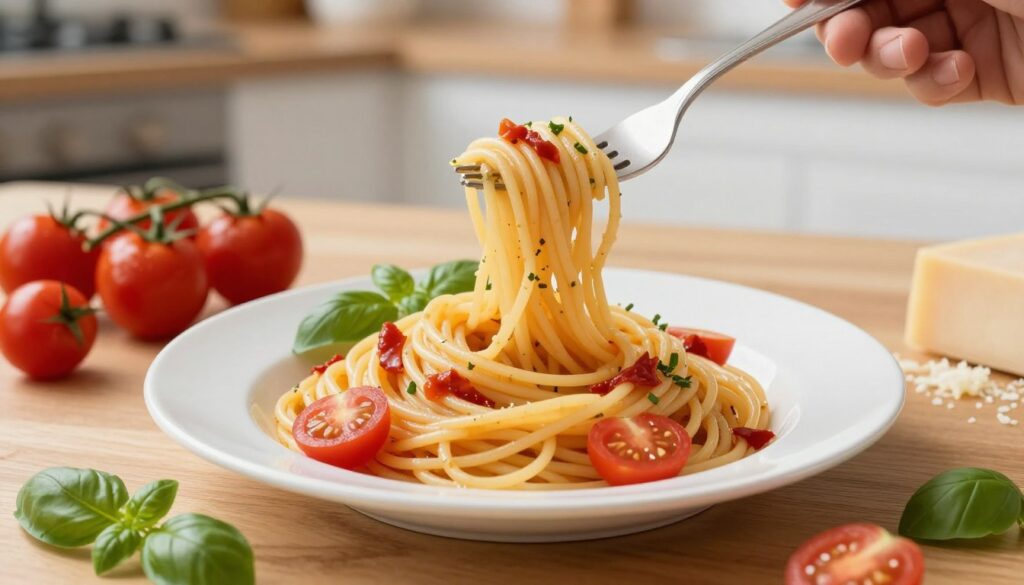 A beautifully arranged serving of spaghetti, twirled gracefully on a fork, sitting on an elegant white plate. The plate is set against a simple wooden table, reflecting a warm, homey atmosphere. Surrounding the plate are fresh ingredients like ripe cherry tomatoes, fragrant basil leaves, and a sprinkle of parmesan cheese to emphasize the concept of portion control. In the background, a soft-focus kitchen setting enhances the idea of home-cooked meals. The lighting is bright yet soft, mimicking natural daylight, highlighting the vibrant colors of the ingredients. The angle is slightly above the plate, allowing a full view of the meal's presentation. The mood is inviting and wholesome, conveying the essence of mindful eating without any distractions.