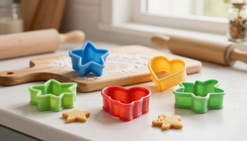 A beautifully arranged set of 3D cookie cutters in an inviting kitchen setting. The foreground showcases a variety of intricate shapes, like stars, hearts, and holiday-themed designs, made of durable material with vibrant colors. In the middle, a wooden cutting board is present with a floured surface, hinting at the baking process. The background features warm, soft natural light streaming through a window, illuminating the scene and enhancing the homey atmosphere. A rolling pin and some baking ingredients like flour and spices are subtly included, adding authenticity to the composition. The image conveys a sense of warmth, creativity, and joy associated with baking, perfect for highlighting the advantages of cookie cutter sets versus individual pieces. A beautifully arranged set of 3D cookie cutters in an inviting kitchen setting. The foreground showcases a variety of intricate shapes, like stars, hearts, and holiday-themed designs, made of durable material with vibrant colors. In the middle, a wooden cutting board is present with a floured surface, hinting at the baking process. The background features warm, soft natural light streaming through a window, illuminating the scene and enhancing the homey atmosphere. A rolling pin and some baking ingredients like flour and spices are subtly included, adding authenticity to the composition. The image conveys a sense of warmth, creativity, and joy associated with baking, perfect for highlighting the advantages of cookie cutter sets versus individual pieces.
