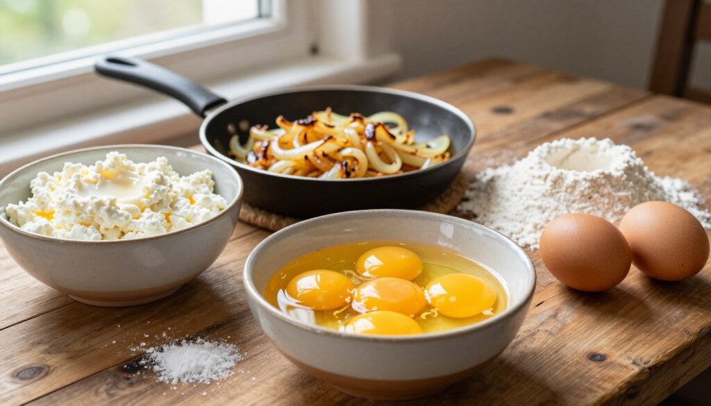 A beautifully arranged table featuring the ingredients for savory twaróg (curd cheese) pasta, including a bowl of creamy twaróg, sautéed onions, flour, eggs, and a pinch of salt, all set on a rustic wooden surface. The foreground showcases a charming ceramic bowl filled with bright yellow egg yolks, with a few scattered flour dust particles for texture. In the middle, a small skillet with golden-brown caramelized onions adds warmth to the scene. In the background, soft natural light filters through a nearby window, creating a cozy atmosphere. The overall mood is inviting and homey, radiating the comfort of cooking with fresh, simple ingredients. No text or distractions in the image. A beautifully arranged table featuring the ingredients for savory twaróg (curd cheese) pasta, including a bowl of creamy twaróg, sautéed onions, flour, eggs, and a pinch of salt, all set on a rustic wooden surface. The foreground showcases a charming ceramic bowl filled with bright yellow egg yolks, with a few scattered flour dust particles for texture. In the middle, a small skillet with golden-brown caramelized onions adds warmth to the scene. In the background, soft natural light filters through a nearby window, creating a cozy atmosphere. The overall mood is inviting and homey, radiating the comfort of cooking with fresh, simple ingredients. No text or distractions in the image.