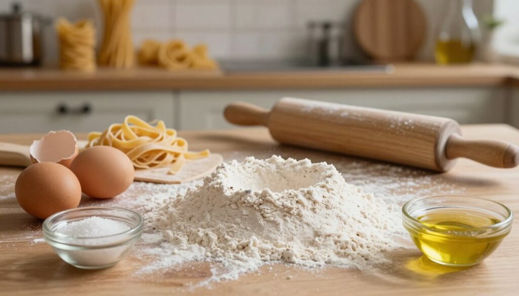 A beautifully arranged tabletop scene showcasing the essential ingredients for making elastic homemade pasta dough. In the foreground, a generous mound of flour dusted with a light sheen, surrounded by fresh eggs, salt, and a small bowl of olive oil. The middle ground features a wooden rolling pin and a textured surface for kneading, all bathed in warm, natural light to create an inviting atmosphere. The background is softly blurred, revealing a rustic kitchen with muted tones, wooden shelves lined with pasta-making tools. The composition should evoke a sense of home cooking and crafting, emphasizing the comfort and simplicity of preparing homemade tagliatelle from scratch.