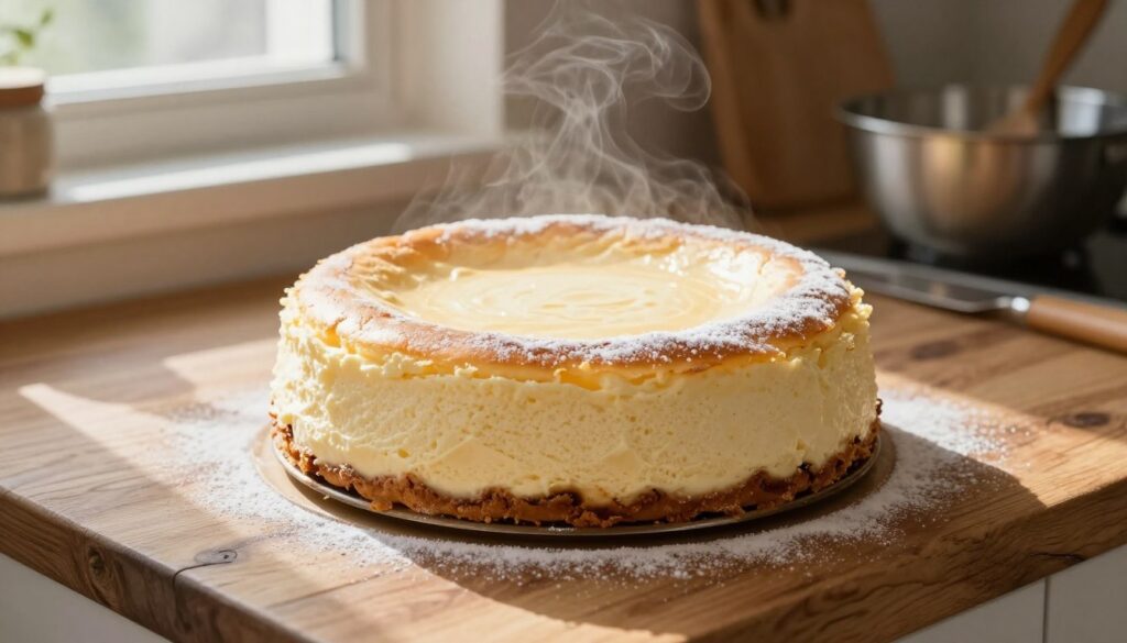 A beautifully baked cheesecake sits proudly on a rustic wooden kitchen countertop, showcasing its perfectly even, fluffy top that seems as light as a cloud. The cheesecake is adorned with a subtle dusting of powdered sugar, hinting at its delicious flavor. Soft natural light streams in through a nearby window, casting gentle shadows and creating a warm, inviting atmosphere. In the background, blurred kitchen utensils and a mixing bowl add depth to the scene, suggesting the baking process without overpowering the focus on the cheesecake. A few wisps of steam rise subtly, indicating the gentle humidity used during baking to achieve the cake's unique texture. The entire composition inspires a sense of calm and satisfaction, perfect for illustrating the art of baking a cloud-like cheesecake.