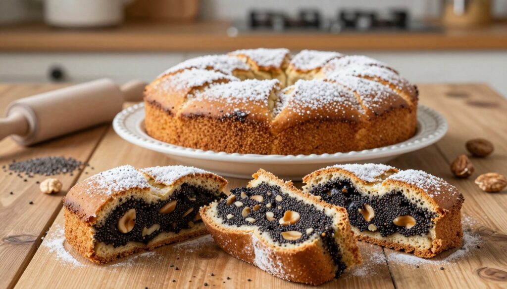 A beautifully baked makowiec, a traditional Polish poppy seed cake, freshly out of the oven, displayed on a rustic wooden table. The foreground showcases slices of the makowiec, revealing its rich, dark filling studded with poppy seeds, nuts, and a hint of sweetness. In the middle, the whole makowiec rests on a decorative white plate, lightly dusted with powdered sugar, showcasing its golden-brown crust without any cracks. The background features a cozy kitchen setting, with warm and inviting lighting, emphasizing the texture of the cake. A rolling pin and ingredients like poppy seeds and nuts are softly blurred, adding warmth and context while keeping the focus on the makowiec. The atmosphere is inviting and homey, perfect for a culinary article. A beautifully baked makowiec, a traditional Polish poppy seed cake, freshly out of the oven, displayed on a rustic wooden table. The foreground showcases slices of the makowiec, revealing its rich, dark filling studded with poppy seeds, nuts, and a hint of sweetness. In the middle, the whole makowiec rests on a decorative white plate, lightly dusted with powdered sugar, showcasing its golden-brown crust without any cracks. The background features a cozy kitchen setting, with warm and inviting lighting, emphasizing the texture of the cake. A rolling pin and ingredients like poppy seeds and nuts are softly blurred, adding warmth and context while keeping the focus on the makowiec. The atmosphere is inviting and homey, perfect for a culinary article.