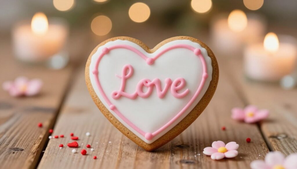 A beautifully decorated heart-shaped gingerbread cookie, intricately iced with delicate white and pink royal icing, rests on a rustic wooden table. The background features soft, blurred bokeh lights resembling warm candlelight, creating a cozy and romantic atmosphere. Surrounding the cookie are tiny edible decorations like red sprinkles and small sugar flowers, enhancing the festive Valentine’s Day theme. The lighting is gentle and warm, casting subtle shadows that add depth to the scene. A soft-focus lens gives the image a dreamy quality, drawing attention to the meticulous craftsmanship of the gingerbread. The overall mood evokes love and personalization, ideal for a special Valentine’s Day offer.
