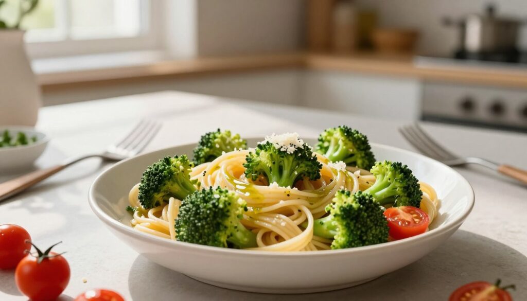 A beautifully plated bowl of pasta with tender broccoli florets, drizzled with a light olive oil and garlic sauce. In the foreground, focus on the vibrant green of the broccoli contrasting with the golden, al dente pasta. Scatter a few cherry tomatoes and a sprinkle of grated parmesan for added color and texture. In the middle, a calming kitchen environment with soft, natural light streaming in from a window, casting gentle shadows across the countertop. Include subtle kitchen utensils like a fork and a small dish of herbs nearby, inviting the viewer to explore. The background features a simple, soft-focus view of a cozy kitchen, creating a warm and inviting atmosphere that emphasizes the dish's appeal as a quick and satisfying meal.