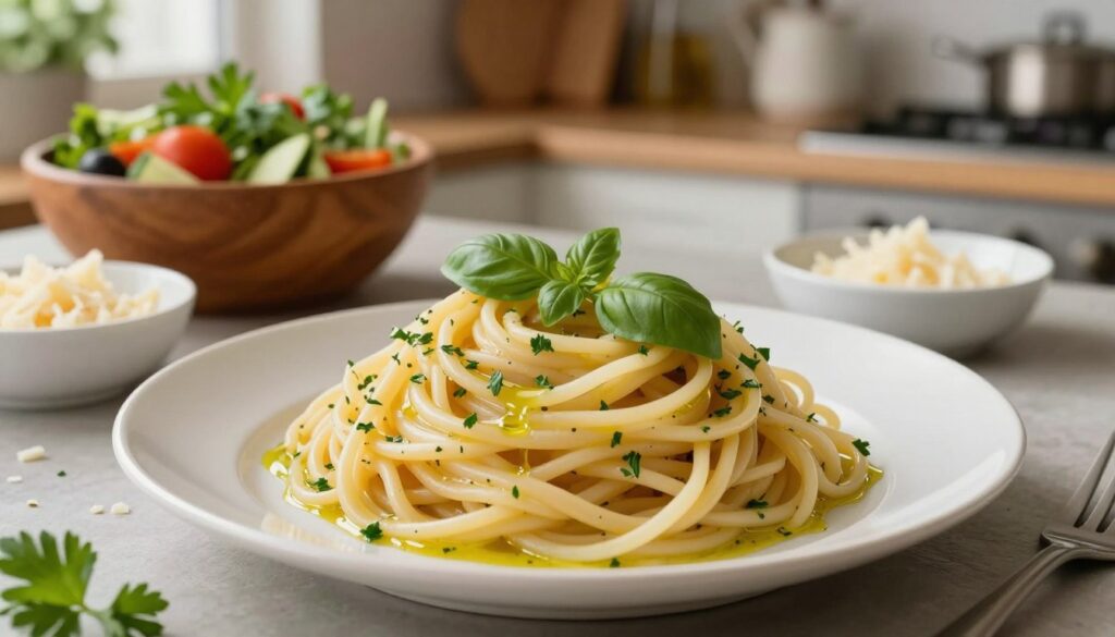 A beautifully plated dish of cooked noodle pasta, also known as "nitki," takes center stage in the foreground. The noodles are delicately twirled into a nest shape, adorned with a light drizzle of olive oil and sprinkled with fresh herbs like parsley and basil. In the middle ground, there are a few vibrant side dishes, such as a colorful salad in a rustic bowl and a small dish of grated cheese. The background features a cozy kitchen scene with soft, warm lighting, showcasing wooden accents and herbal plants on the countertop. The overall atmosphere is inviting and homely, evoking a sense of comfort and quick meal preparation. The image captures the essence of utilizing leftover pasta in a creative way, perfect for a last-minute dinner.