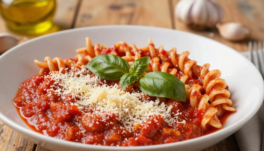 A beautifully plated dish of parmesan cheese served in a rich, vibrant tomato sauce, garnished with fresh basil leaves. In the foreground, the golden, finely grated parmesan is sprinkled generously over the sauce, reflecting light to emphasize its texture. The middle ground features a bowl of pasta twirled elegantly, adorned with a glossy coat of red sauce that glistens under warm, soft lighting. In the background, a rustic wooden table adds warmth with hints of olive oil and garlic cloves scattered around, creating an inviting, homely atmosphere. The angle captures the dish slightly from above, focusing on the layers of color and texture, inviting viewers to appreciate the harmony of flavors in a delicious culinary experience. A beautifully plated dish of parmesan cheese served in a rich, vibrant tomato sauce, garnished with fresh basil leaves. In the foreground, the golden, finely grated parmesan is sprinkled generously over the sauce, reflecting light to emphasize its texture. The middle ground features a bowl of pasta twirled elegantly, adorned with a glossy coat of red sauce that glistens under warm, soft lighting. In the background, a rustic wooden table adds warmth with hints of olive oil and garlic cloves scattered around, creating an inviting, homely atmosphere. The angle captures the dish slightly from above, focusing on the layers of color and texture, inviting viewers to appreciate the harmony of flavors in a delicious culinary experience.