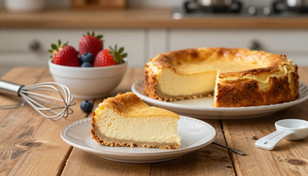 A beautifully prepared "Sernik wiedeński", showcasing its fluffy texture and golden-brown top, sits elegantly on a rustic wooden table. In the foreground, a slice of the cheesecake is gently placed on a delicate porcelain plate, revealing the creamy interior. The middle ground features a bowl of fresh strawberries and blueberries to accentuate the dessert, while a stylish whisk and measuring cups lie nearby. The background includes a softly blurred scene of a cozy kitchen with warm, inviting lighting, highlighting the preparation process. A warm, inviting atmosphere prevails, evoking a sense of homeliness and tradition. The image should evoke a feeling of indulgence and celebration, capturing the essence of this beloved Polish dessert. Shot with a warm color palette, using soft focus with a 50mm lens to emphasize texture and detail.