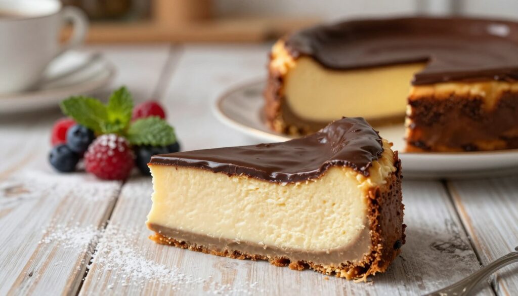 A beautifully presented cheesecake topped with a glossy, rich chocolate glaze. The foreground features a perfectly sliced piece of cheesecake with smooth, creamy layers, showcasing its fluffy texture. The decadent chocolate glaze drizzles over the top, glistening under warm, soft lighting that highlights the dessert's shiny finish. In the middle ground, a decorative plate garnished with fresh berries, mint leaves, and a dusting of powdered sugar complements the cheesecake, adding vibrant colors. In the background, a rustic kitchen setting with light wooden textures and soft focus, creating a cozy, inviting atmosphere. The mood is warm and indulgent, perfect for a delightful dessert presentation. A beautifully presented cheesecake topped with a glossy, rich chocolate glaze. The foreground features a perfectly sliced piece of cheesecake with smooth, creamy layers, showcasing its fluffy texture. The decadent chocolate glaze drizzles over the top, glistening under warm, soft lighting that highlights the dessert's shiny finish. In the middle ground, a decorative plate garnished with fresh berries, mint leaves, and a dusting of powdered sugar complements the cheesecake, adding vibrant colors. In the background, a rustic kitchen setting with light wooden textures and soft focus, creating a cozy, inviting atmosphere. The mood is warm and indulgent, perfect for a delightful dessert presentation.