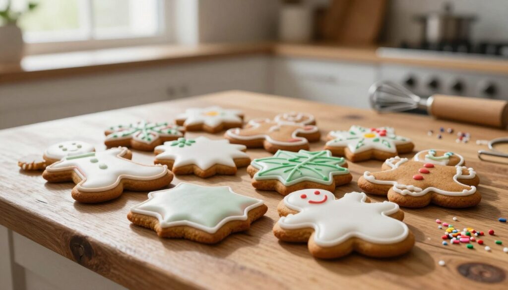 A beautifully styled arrangement of gingerbread cookies decorated with icing in various consistencies, showcasing detailed patterns in the foreground. The cookies are set on a rustic wooden table, with a soft focus on the background revealing a warm kitchen environment filled with baking tools and sprinkles scattered around, enhancing the artistic and inviting atmosphere. The icing on the cookies exhibits three distinct textures: thin outlines defining shapes, smooth glossy surfaces filling in the designs, and a raised 3D effect for details like small flowers and festive elements. Soft, natural lighting streams in from a nearby window, highlighting the glossy finish of the icing and casting gentle shadows, creating an inviting and cozy holiday spirit. The angle captures both the decoration details and the surrounding environment harmoniously. A beautifully styled arrangement of gingerbread cookies decorated with icing in various consistencies, showcasing detailed patterns in the foreground. The cookies are set on a rustic wooden table, with a soft focus on the background revealing a warm kitchen environment filled with baking tools and sprinkles scattered around, enhancing the artistic and inviting atmosphere. The icing on the cookies exhibits three distinct textures: thin outlines defining shapes, smooth glossy surfaces filling in the designs, and a raised 3D effect for details like small flowers and festive elements. Soft, natural lighting streams in from a nearby window, highlighting the glossy finish of the icing and casting gentle shadows, creating an inviting and cozy holiday spirit. The angle captures both the decoration details and the surrounding environment harmoniously.