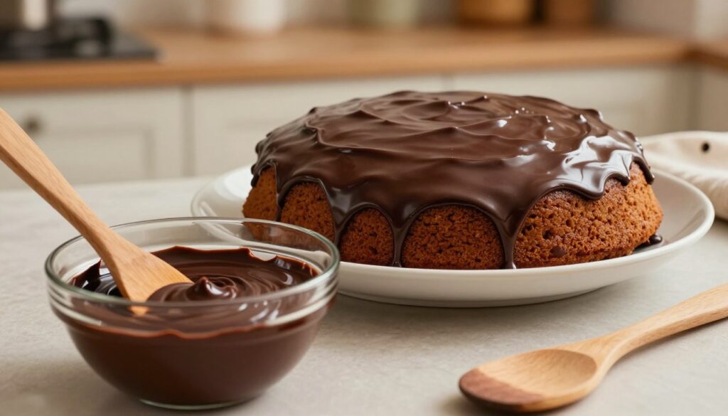 A beautifully styled chocolate glaze recipe scene featuring a luxurious dark chocolate ganache, smoothly drizzled over a freshly baked gingerbread cake. In the foreground, a glass bowl filled with rich, glossy chocolate glaze reflects soft, warm light. Use a wooden spatula next to the bowl, hinting at the preparation process. The middle section shows the gingerbread cake on a white ceramic plate, topped with a generous layer of shiny glaze that glistens under the gentle kitchen lighting. In the background, a cozy kitchen environment with softly blurred edges, adorned with baking utensils and spices, creates an inviting atmosphere. The overall mood should feel warm, homely, and decadent, evoking a sense of comfort and anticipation for enjoying this classic treat. A beautifully styled chocolate glaze recipe scene featuring a luxurious dark chocolate ganache, smoothly drizzled over a freshly baked gingerbread cake. In the foreground, a glass bowl filled with rich, glossy chocolate glaze reflects soft, warm light. Use a wooden spatula next to the bowl, hinting at the preparation process. The middle section shows the gingerbread cake on a white ceramic plate, topped with a generous layer of shiny glaze that glistens under the gentle kitchen lighting. In the background, a cozy kitchen environment with softly blurred edges, adorned with baking utensils and spices, creates an inviting atmosphere. The overall mood should feel warm, homely, and decadent, evoking a sense of comfort and anticipation for enjoying this classic treat.