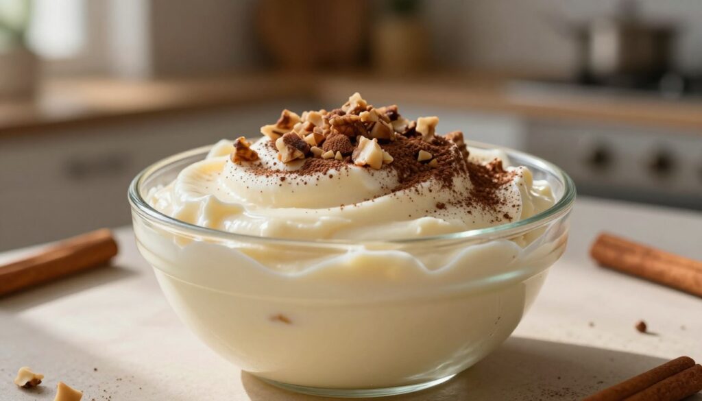 A beautifully styled close-up of a decadent "krem" designed for piernik, presented in an elegant glass bowl. The decadent cream shows a velvety texture, rich in cinnamon and nutmeg, garnished with a dusting of cocoa powder and a sprinkle of finely chopped nuts on top. The foreground highlights the creamy texture with a soft focus on the bowl, creating an inviting atmosphere. In the background, a subtly blurred kitchen setting with warm, ambient lighting enhances the homely feel of the scene. Soft shadows cast by natural light streaming in from a nearby window add depth and warmth to the image, evoking a sense of comfort and nostalgia. The overall mood is cozy and festive, perfect for evoking holiday traditions and homemade warmth. A beautifully styled close-up of a decadent "krem" designed for piernik, presented in an elegant glass bowl. The decadent cream shows a velvety texture, rich in cinnamon and nutmeg, garnished with a dusting of cocoa powder and a sprinkle of finely chopped nuts on top. The foreground highlights the creamy texture with a soft focus on the bowl, creating an inviting atmosphere. In the background, a subtly blurred kitchen setting with warm, ambient lighting enhances the homely feel of the scene. Soft shadows cast by natural light streaming in from a nearby window add depth and warmth to the image, evoking a sense of comfort and nostalgia. The overall mood is cozy and festive, perfect for evoking holiday traditions and homemade warmth.