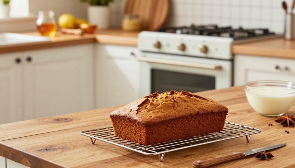 A beautifully styled kitchen scene featuring a traditional oven set to 170 degrees Celsius. In the foreground, a golden-brown gingerbread cake sits on a rustic wooden table, cooling on a wire rack. A clean, modern kitchen is visible in the background, adorned with fresh ingredients like honey, spices, and a bowl of buttermilk. Soft, warm lighting creates a cozy atmosphere, highlighting the cake’s texture and the vibrant colors of the ingredients. The camera angle is slightly above eye level, focusing on the cake while capturing hints of the kitchen decor. The mood is inviting and homely, emphasizing the art of baking and the anticipation of enjoying a delightful treat.