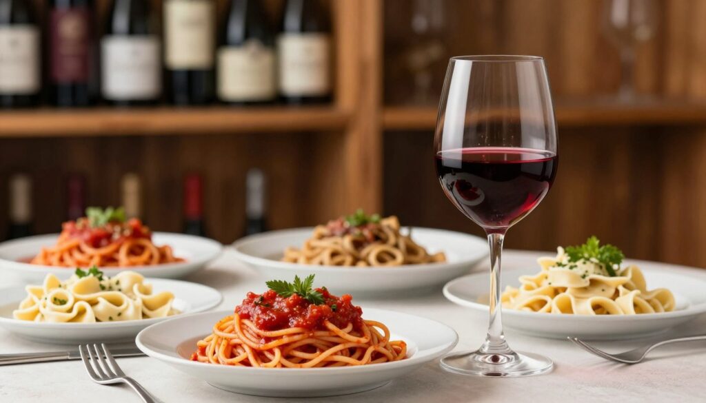 A beautifully styled table setting featuring a selection of different wines paired with various pasta dishes and sauces. In the foreground, a glass of vibrant red wine gleams under soft, warm lighting, reflecting the mood of an intimate dinner. In the middle, dishes of spaghetti with rich marinara sauce and fettuccine alfredo are artfully arranged, showcasing the harmonious relationship between wine and pasta. The background features softly blurred rustic wooden shelves holding bottles of wine, creating a warm and inviting atmosphere reminiscent of a cozy Italian trattoria. Use a shallow depth of field to emphasize the table setting, with subtle natural lighting to enhance colors and textures, evoking a sense of culinary elegance and comfort. A beautifully styled table setting featuring a selection of different wines paired with various pasta dishes and sauces. In the foreground, a glass of vibrant red wine gleams under soft, warm lighting, reflecting the mood of an intimate dinner. In the middle, dishes of spaghetti with rich marinara sauce and fettuccine alfredo are artfully arranged, showcasing the harmonious relationship between wine and pasta. The background features softly blurred rustic wooden shelves holding bottles of wine, creating a warm and inviting atmosphere reminiscent of a cozy Italian trattoria. Use a shallow depth of field to emphasize the table setting, with subtle natural lighting to enhance colors and textures, evoking a sense of culinary elegance and comfort.